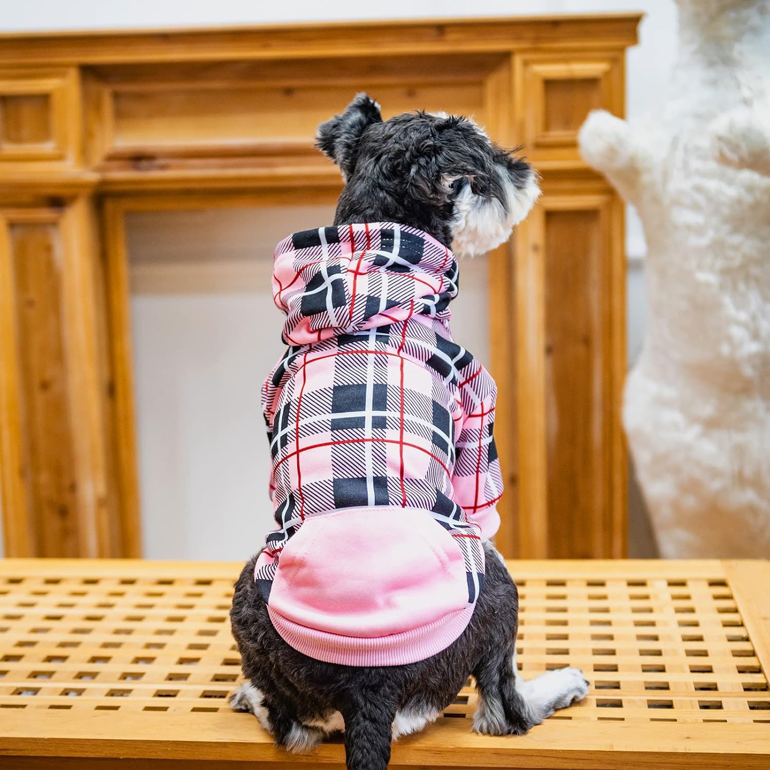 EXPAWLORER plaid dog hoodie pink medium tartan pattern for classic style.