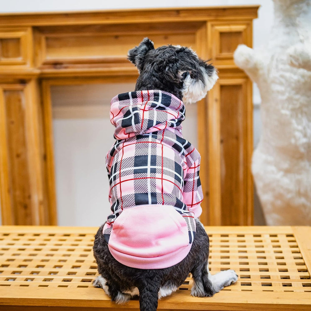 EXPAWLORER plaid dog hoodie pink medium tartan pattern for classic style.