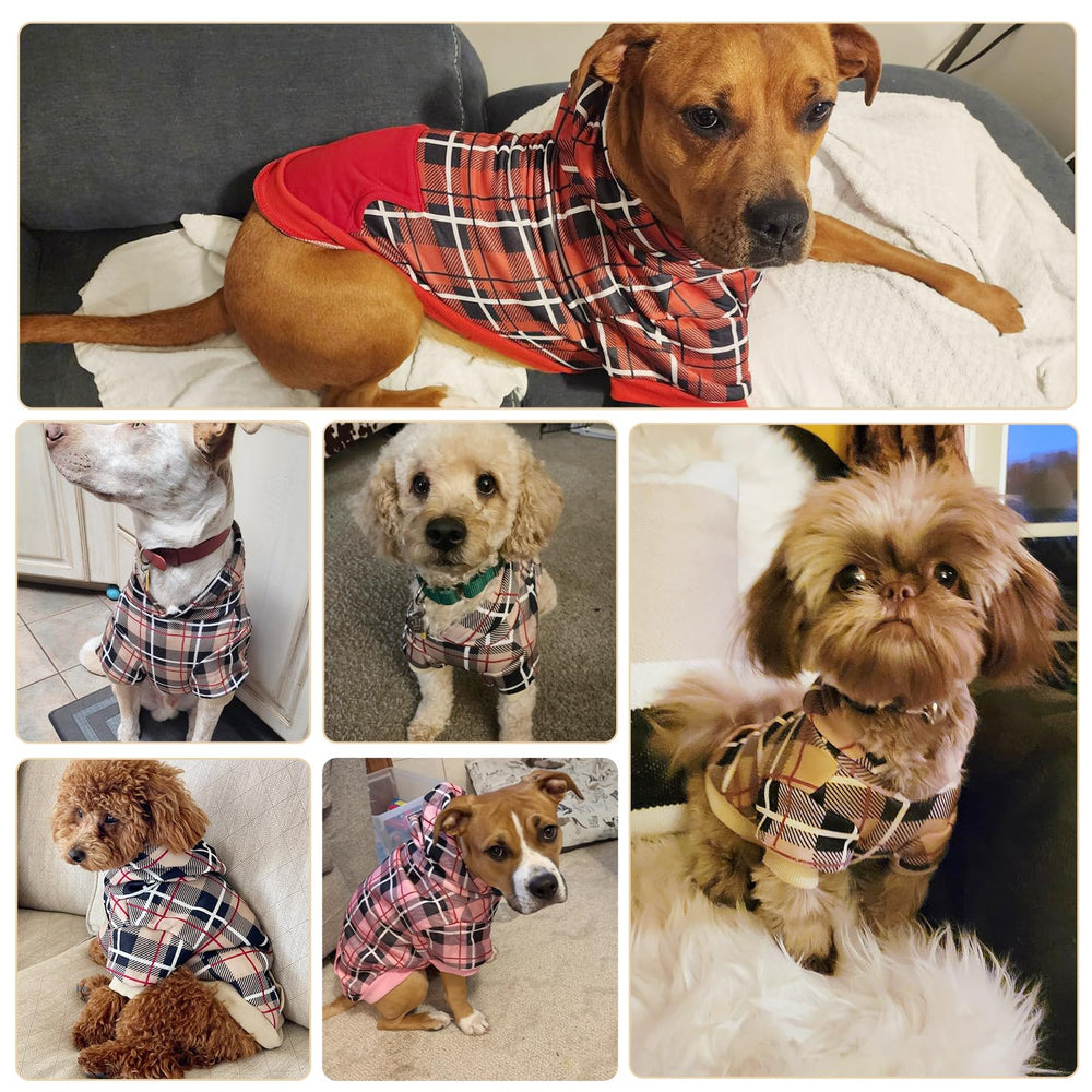 EXPAWLORER plaid dog hoodie size range shows XL-XXXL options for many breeds