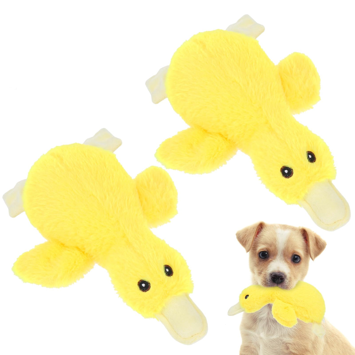 EXPAWLORER plush squeaky duck toy closeup shows soft-yellow fabric for gentle playtime