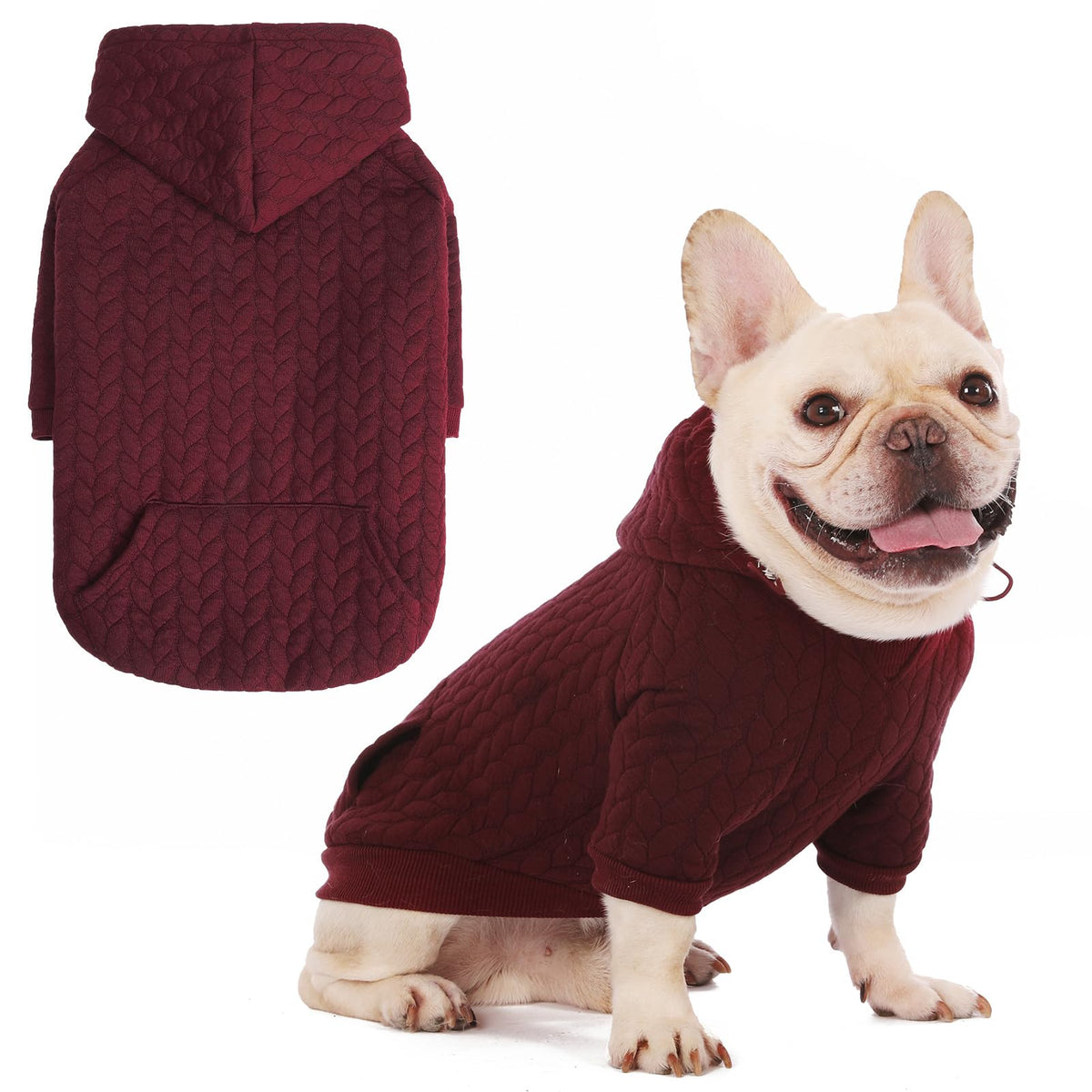 EXPAWLORER textured cable-knit dog hoodie front view for cozy winter walks