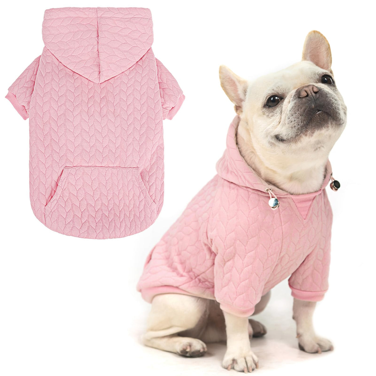 EXPAWLORER textured cable-knit dog hoodie pink XXL front view with soft, warm fabric.