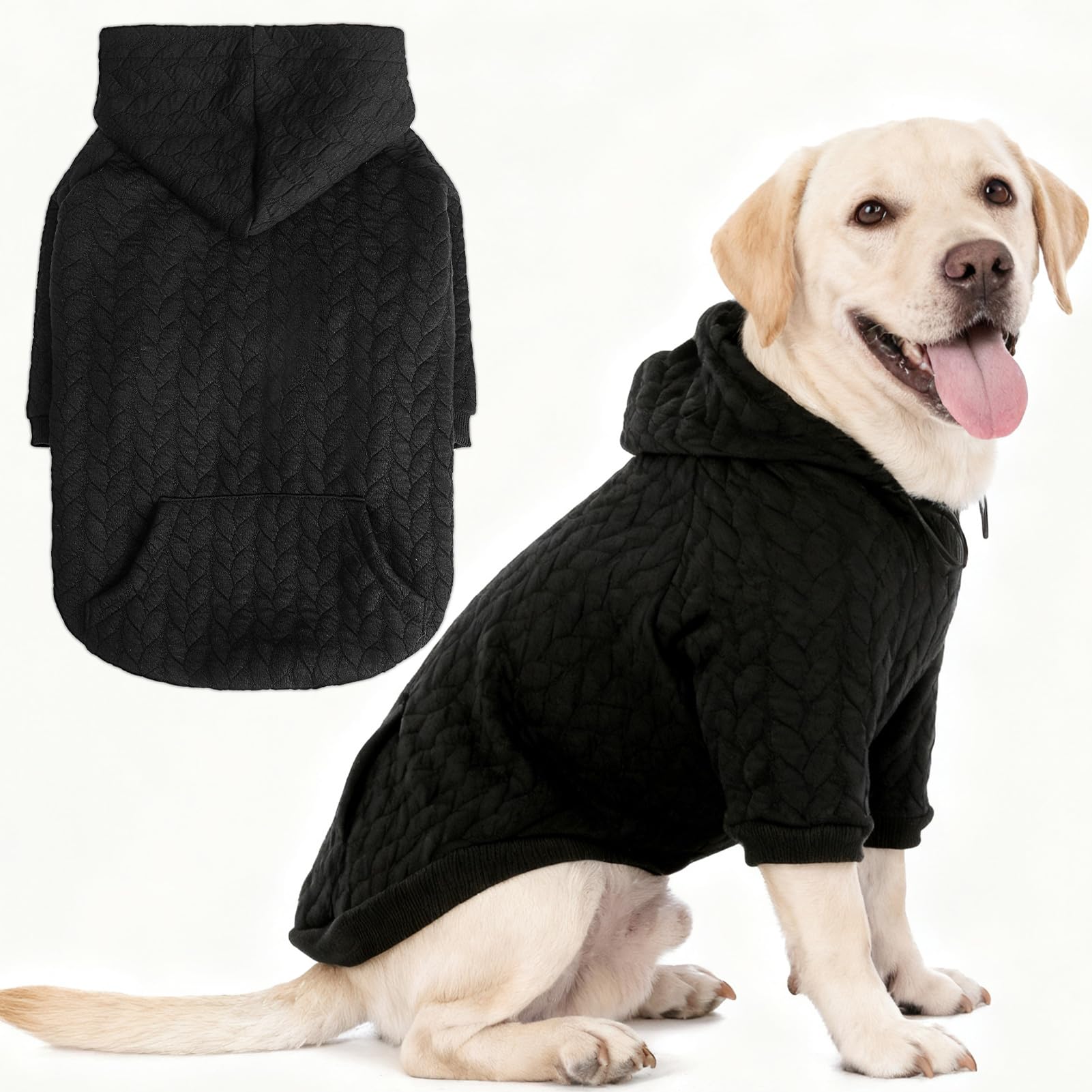 EXPAWLORER textured cable-knit hoodie front view keeps dogs warm and stylish during chilly walks.