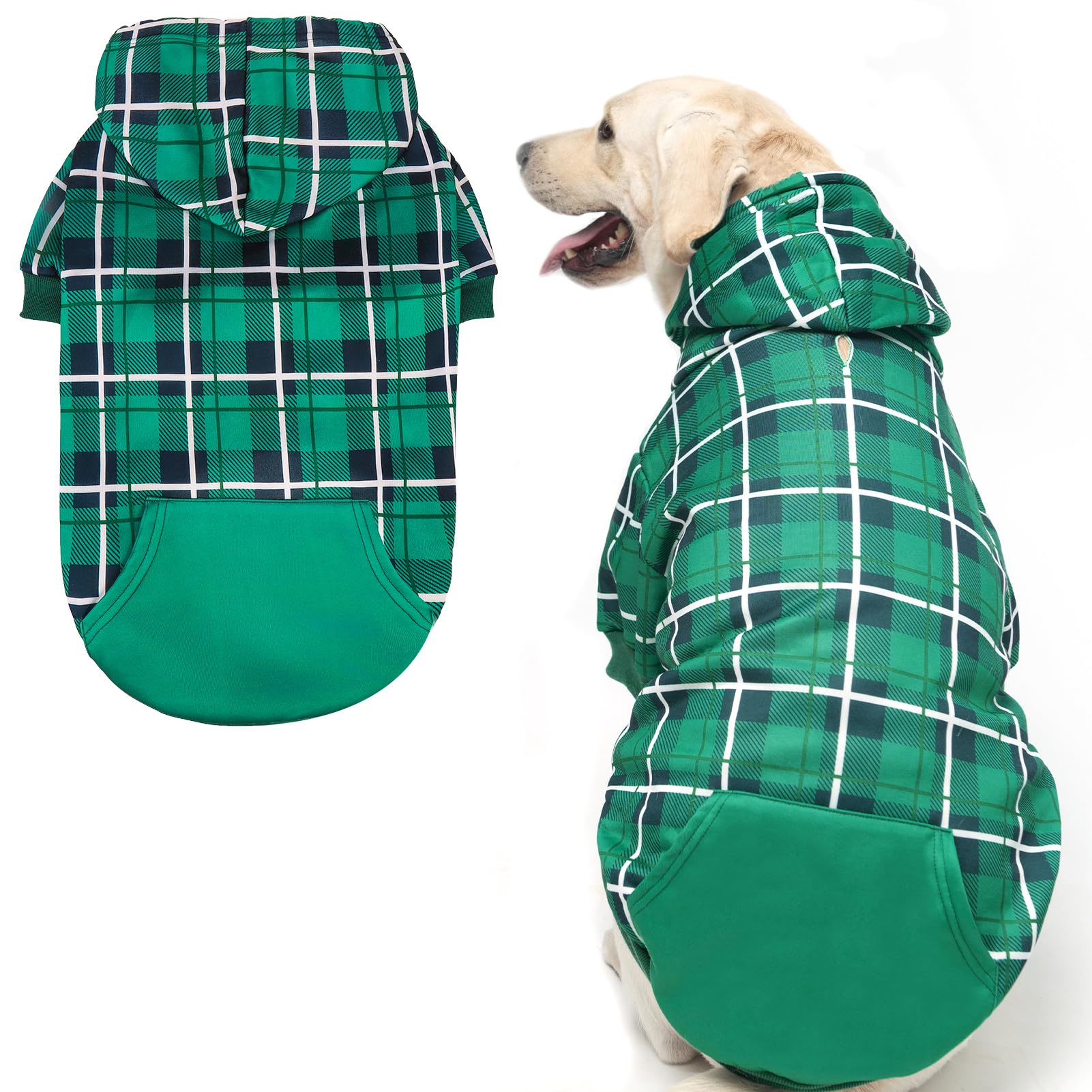 EXPAWLORER plaid dog hoodie front view showing warm tartan coat for daily walks.
