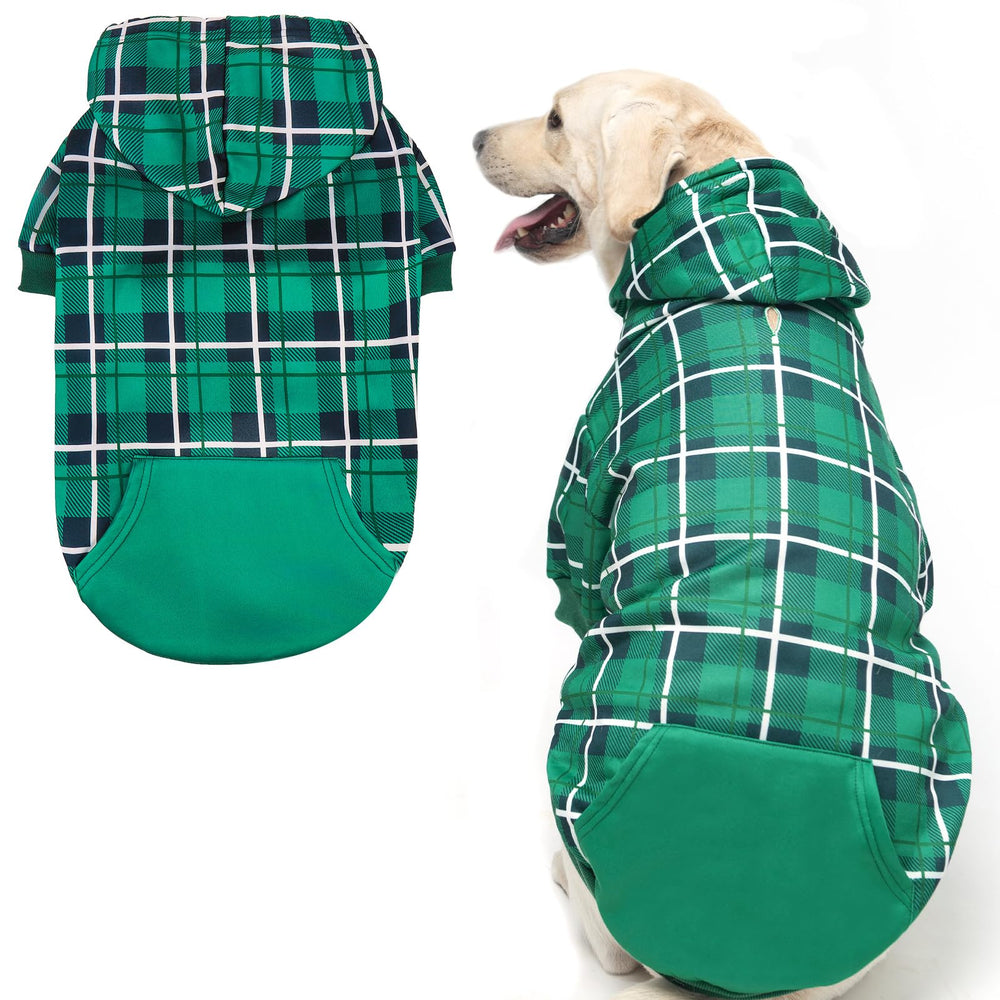 EXPAWLORER plaid dog hoodie front view showing warm tartan coat for daily walks.