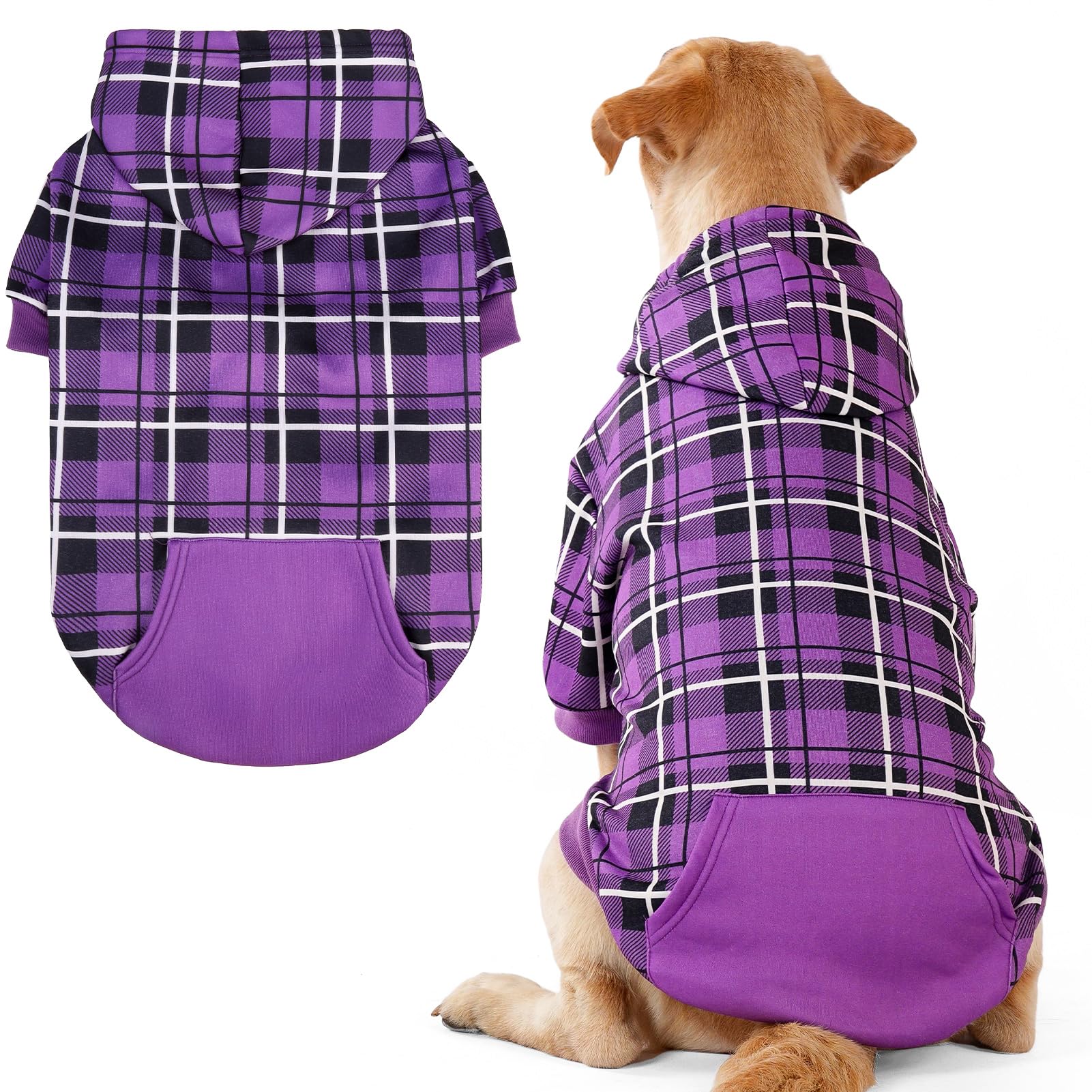 EXPAWLORER plaid dog hoodie front view showing snug warmth for chilly walks