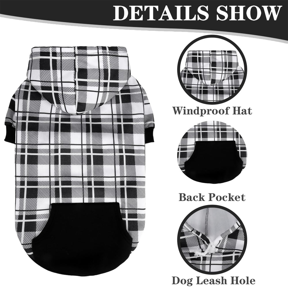 EXPAWLORER plaid dog hoodie leash hole detail for easy leash use.