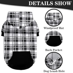 EXPAWLORER plaid dog hoodie leash hole detail for easy leash use.