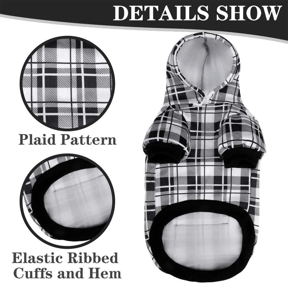 EXPAWLORER plaid dog hoodie tartan pattern close-up, timeless style.