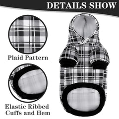 EXPAWLORER plaid dog hoodie tartan pattern close-up, timeless style.
