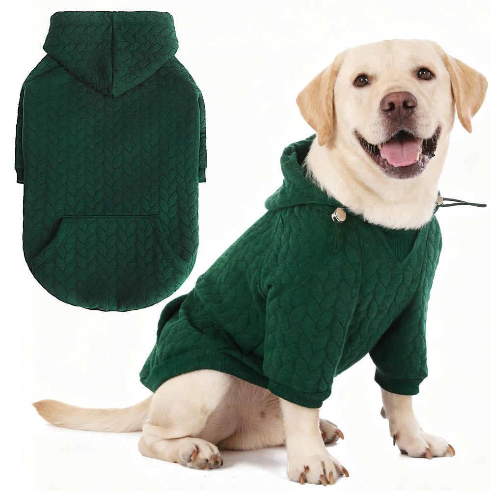EXPAWLORER textured cable knit dog hoodie front view provides cozy warmth for daily walks.