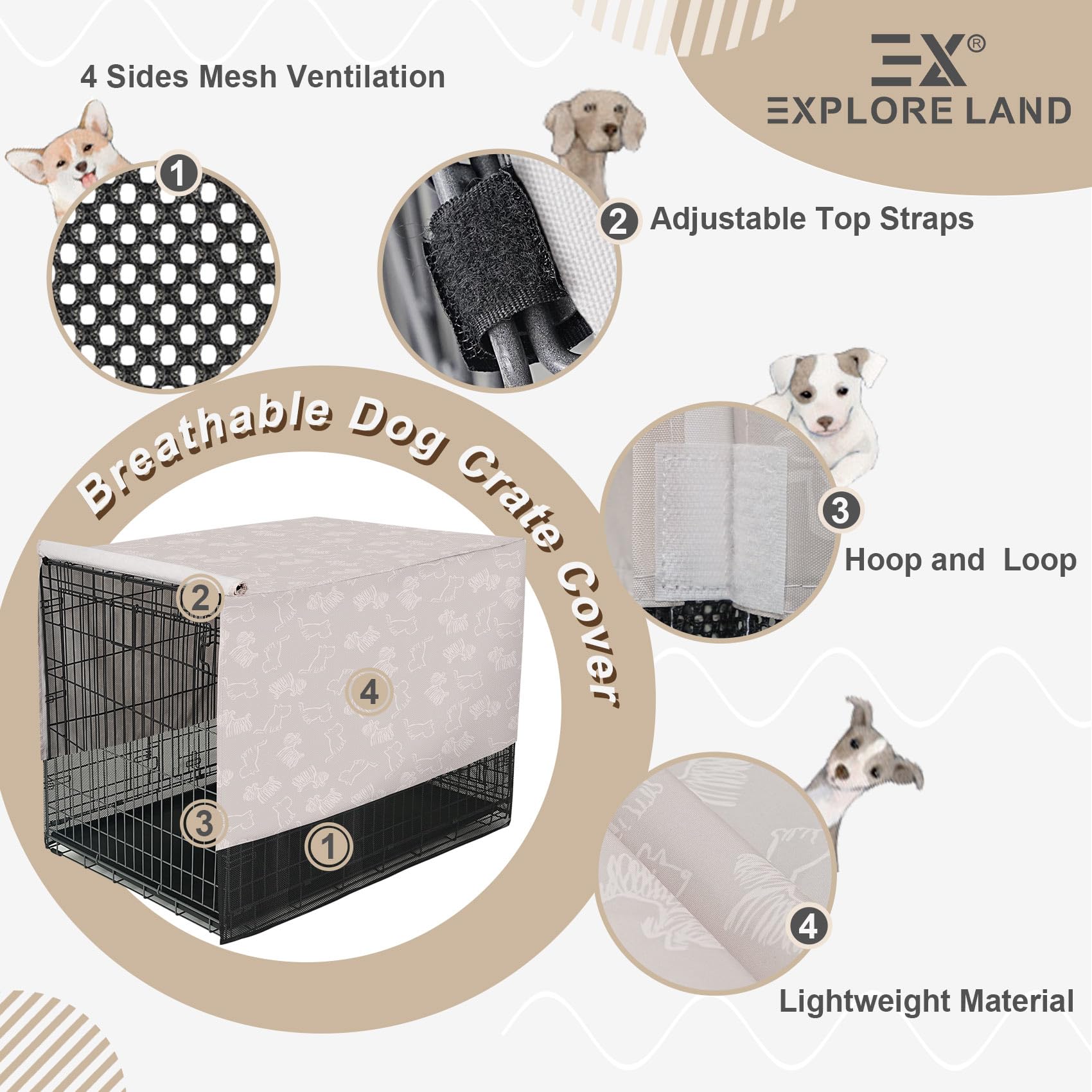 Explore Land breathable dog crate cover anxiety-den appears cozy and privacy-enhancing during travel.