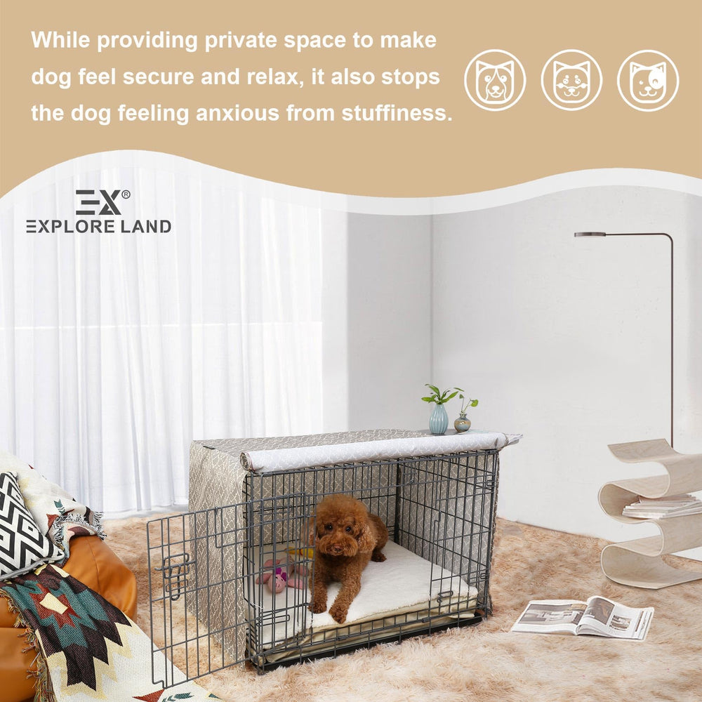 Explore Land Pattern Dog Crate Cover enhances home decor by concealing the kennel.