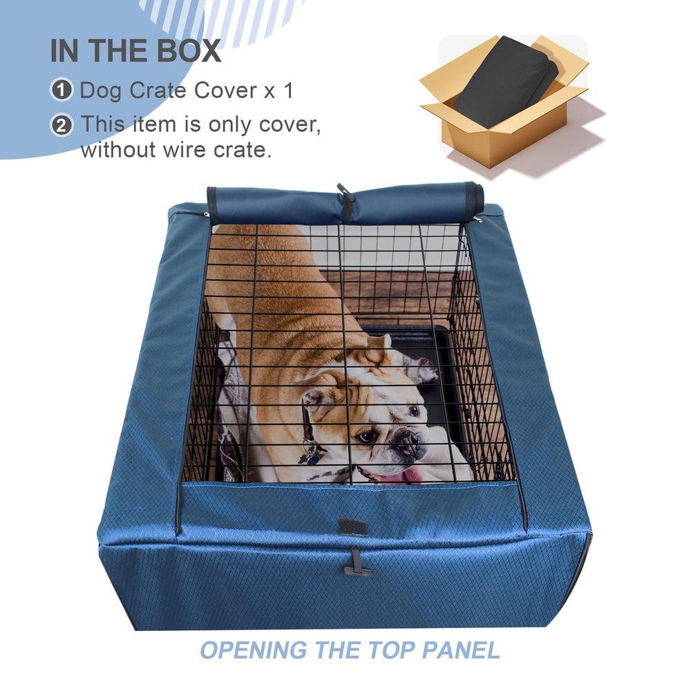 Explore Land dog crate cover blue side panel emphasizes adjustable airflow and access.