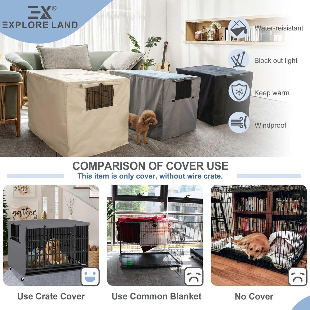 Explore Land dog crate cover breathable mesh window improves ventilation and visibility.