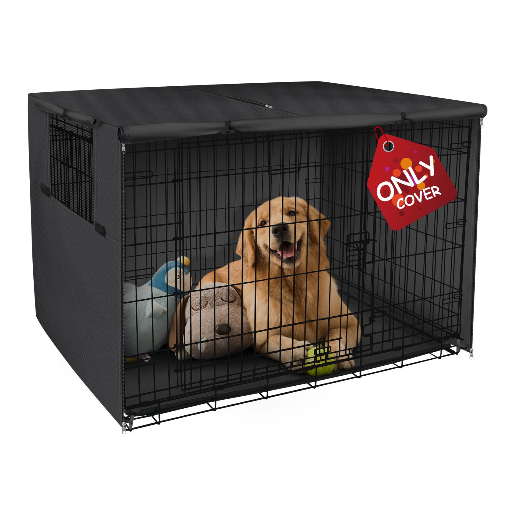 Explore Land Dog Crate Cover front view shows universal 30-inch fit and coverage.