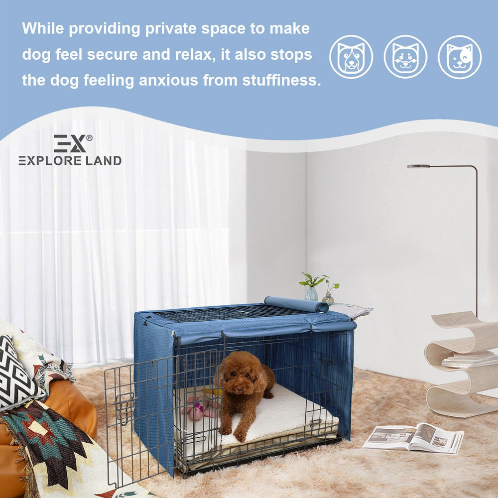 Explore Land dog crate cover in use with a dog showing cozy shelter and travel-ready design