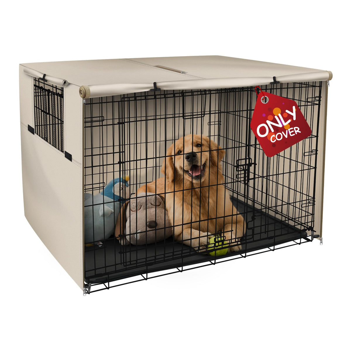Explore Land dog crate cover light tan front view showing universal fit