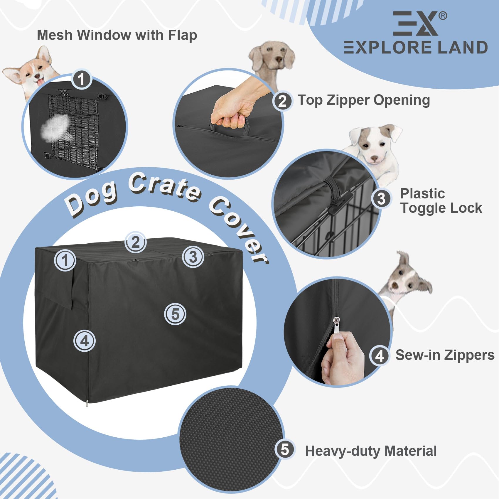 Explore Land dog crate cover mesh ventilation highlights adjustable visibility and airflow.