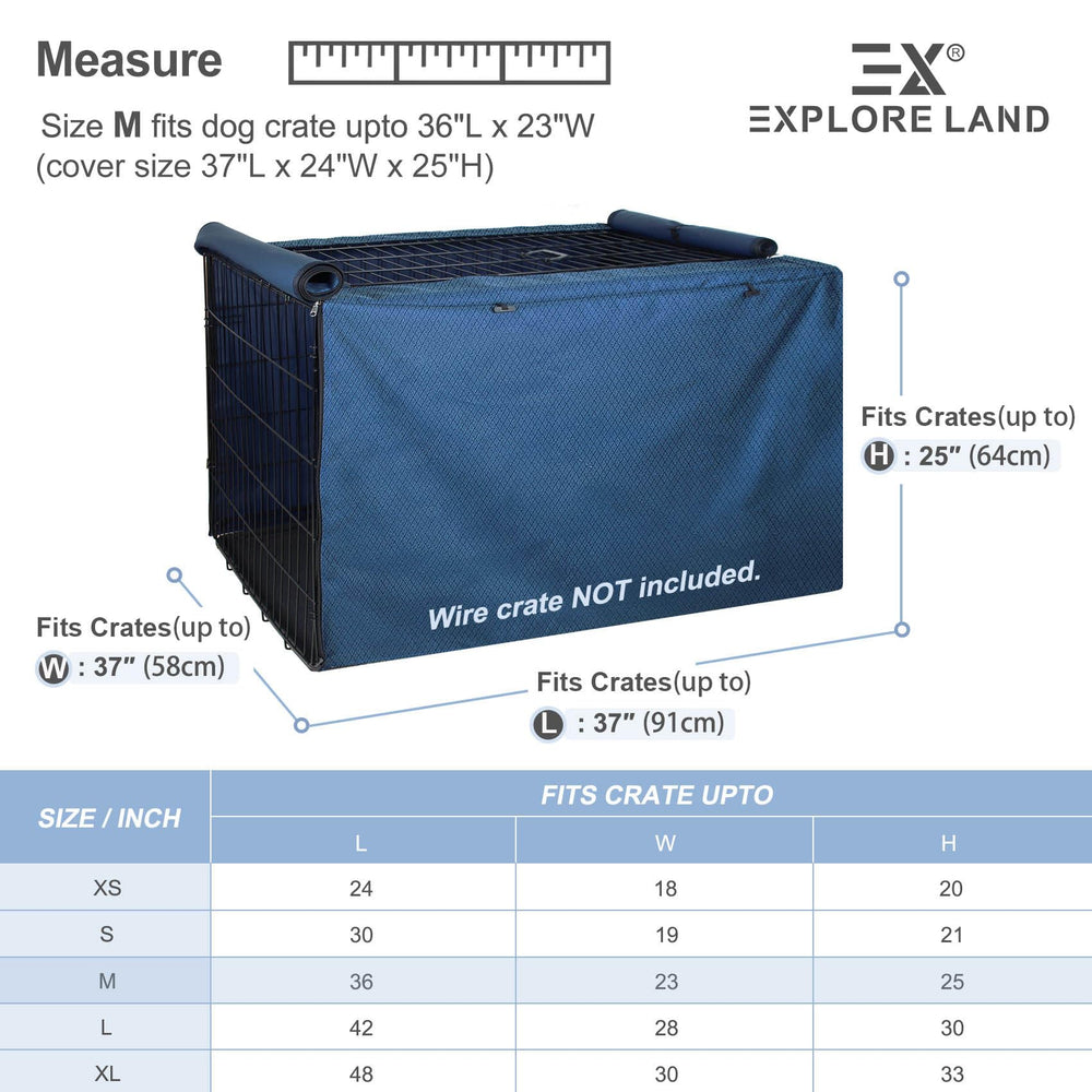 Explore Land dog crate cover rear view emphasizing bottom toggles for secure travel