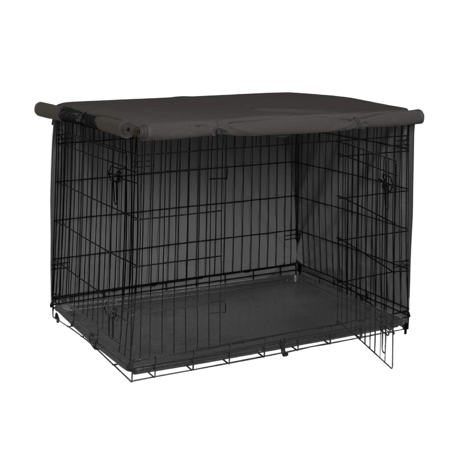 Explore Land dog crate cover side view on crate demonstrates travel-friendly setup