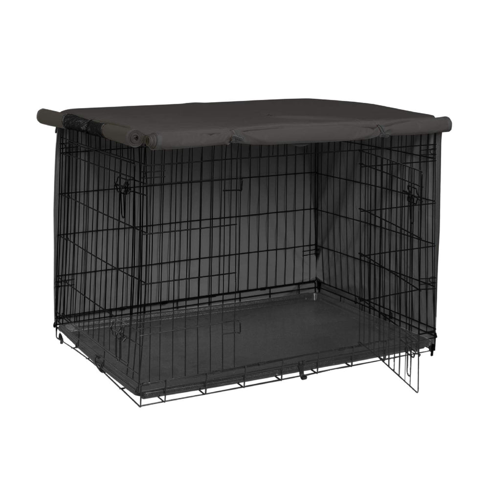 Explore Land dog crate cover side view on crate demonstrates travel-friendly setup