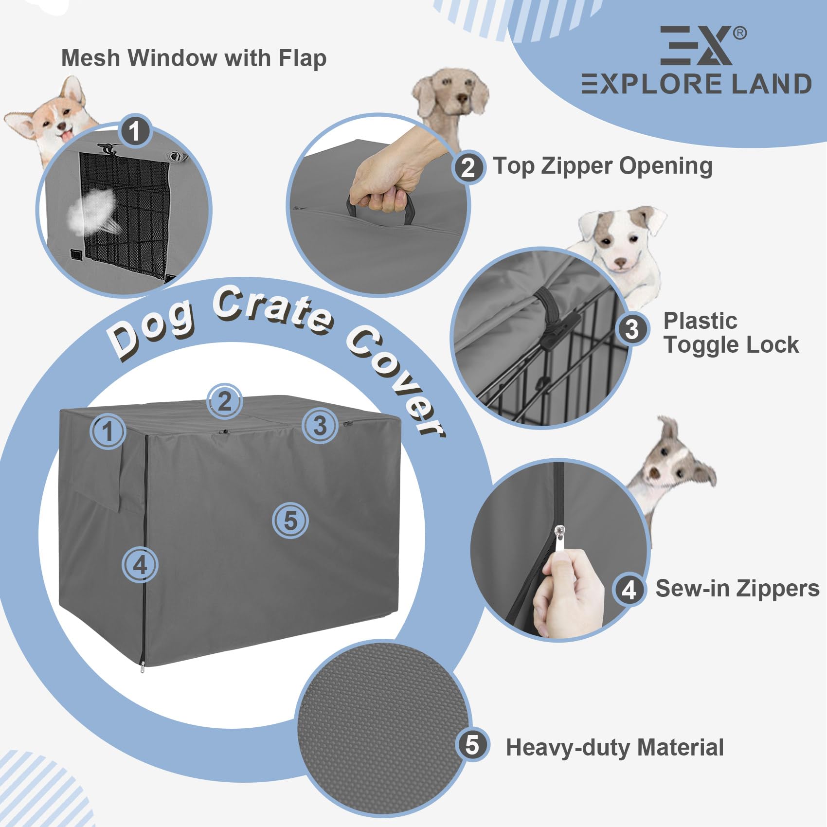 Explore Land dog crate cover top zipper enables easy removal and portable handling.