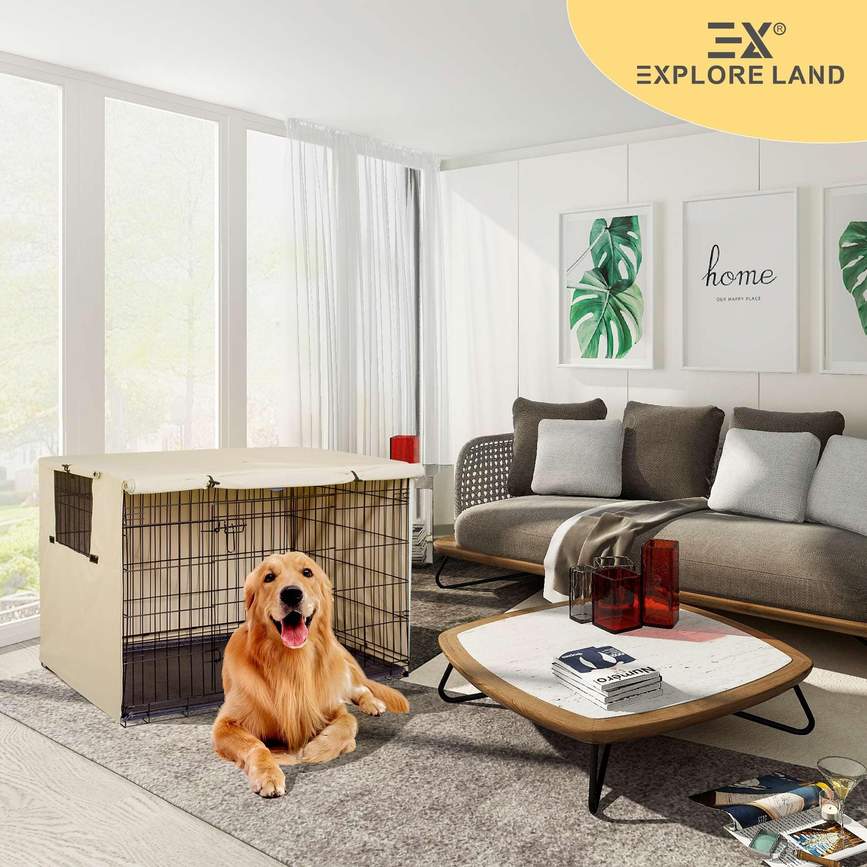 Explore Land dog crate cover universal fit side angle demonstrates compatibility
