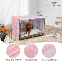 Explore Land Pattern Dog Crate Cover 1-door setup demonstrates easy hoop-and-loop installation.