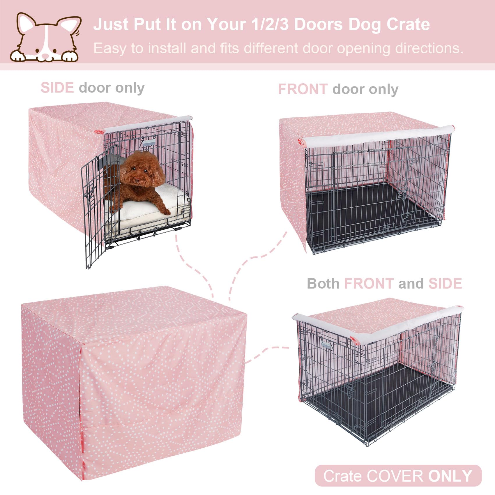 Explore Land Pattern Dog Crate Cover 2-door setup illustrates adjustable visibility with roller shades.