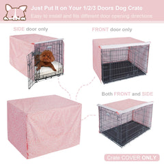 Explore Land Pattern Dog Crate Cover 2-door setup illustrates adjustable visibility with roller shades.