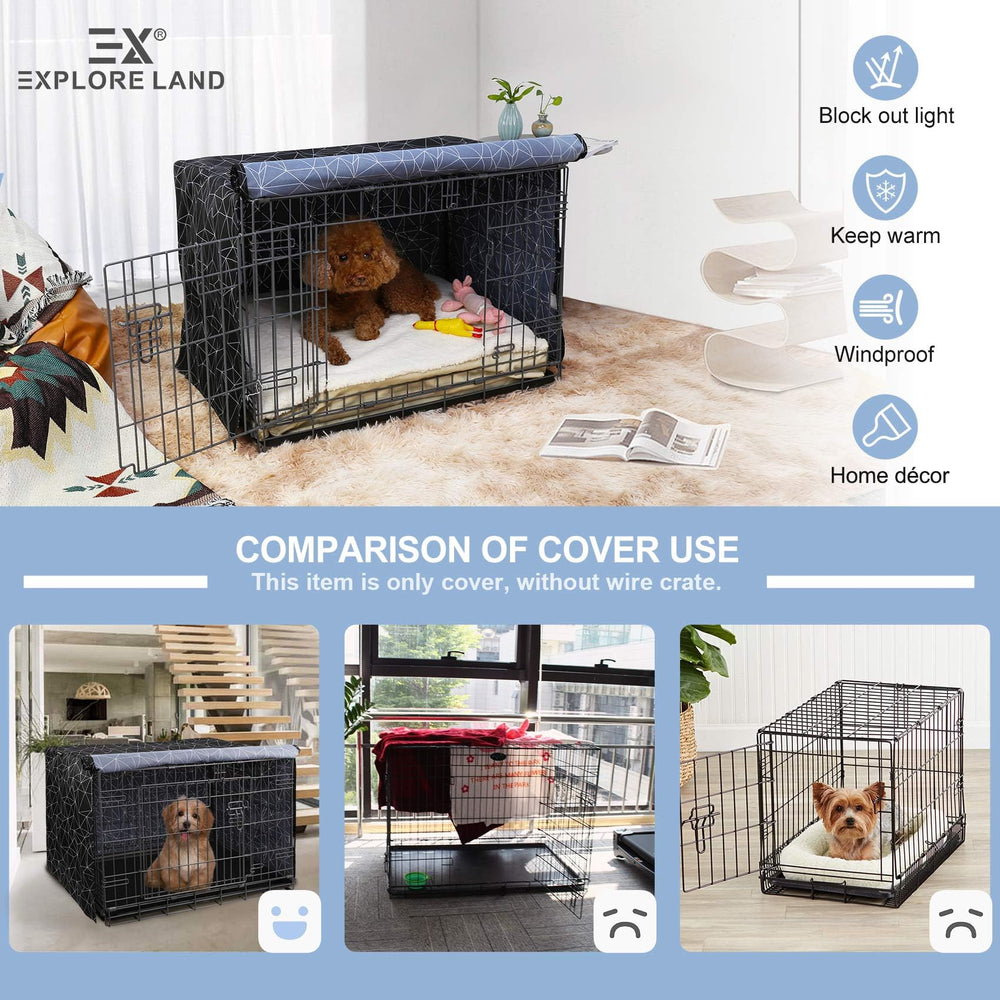 Explore Land pattern dog crate cover on a 2-door crate improves fit and ventilation
