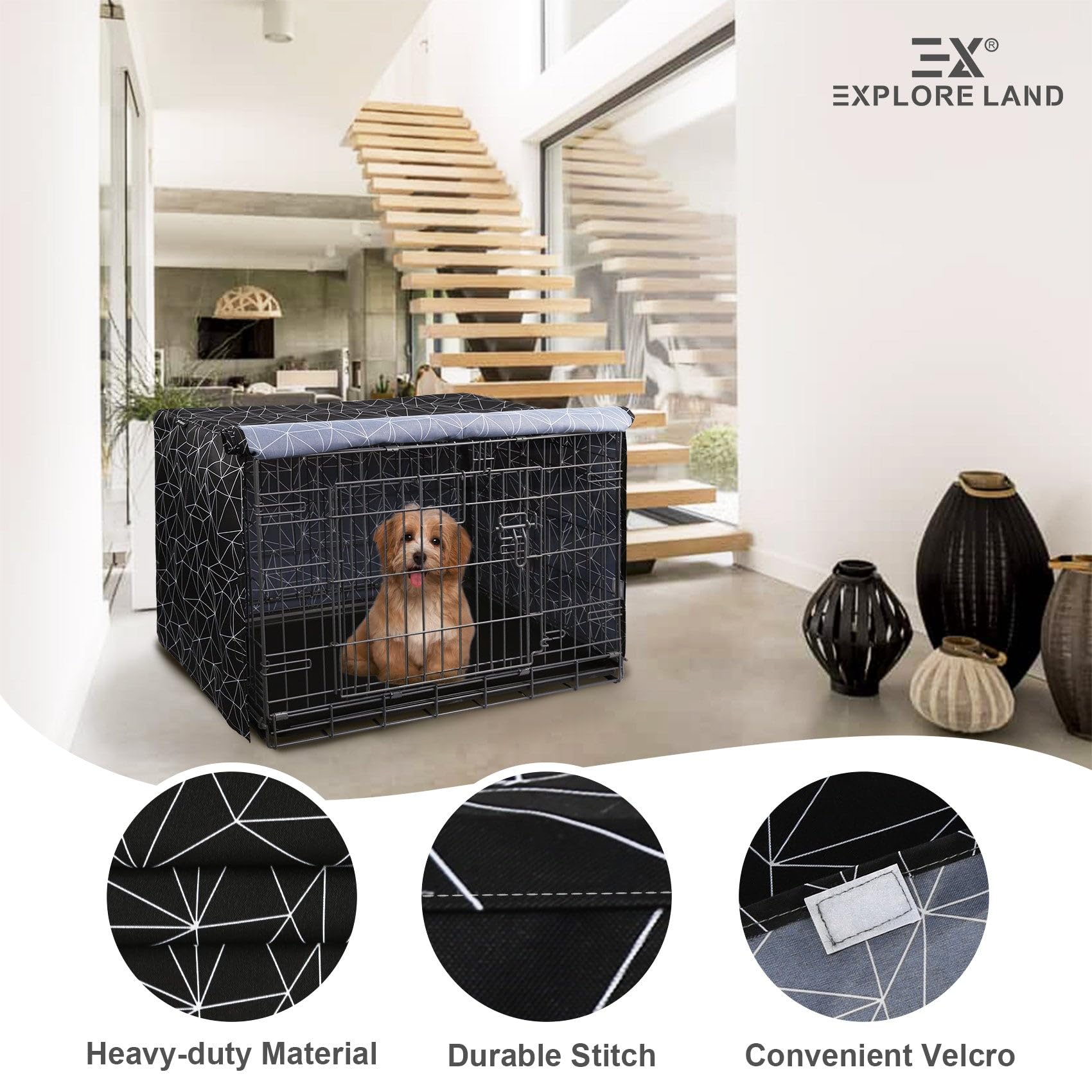 Explore Land pattern dog crate cover with 3-doors provides easy access and privacy