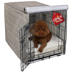 Explore Land Pattern Dog Crate Cover fully covers a 36-inch crate for a neat home setup.
