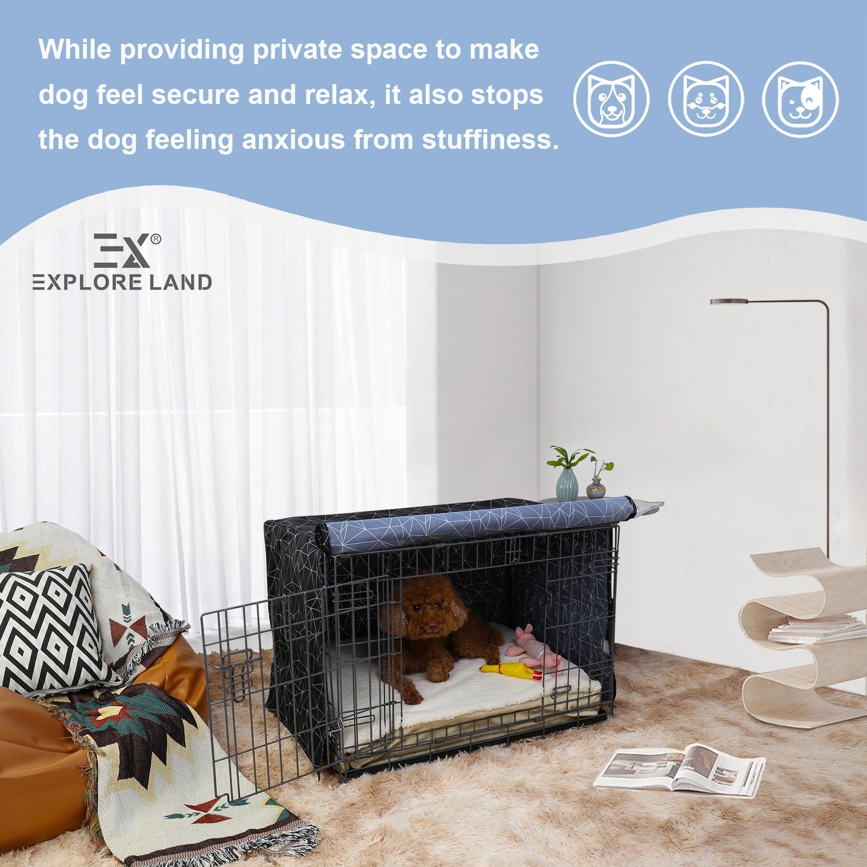 Explore Land pattern dog crate cover in living room boosts decorative appeal