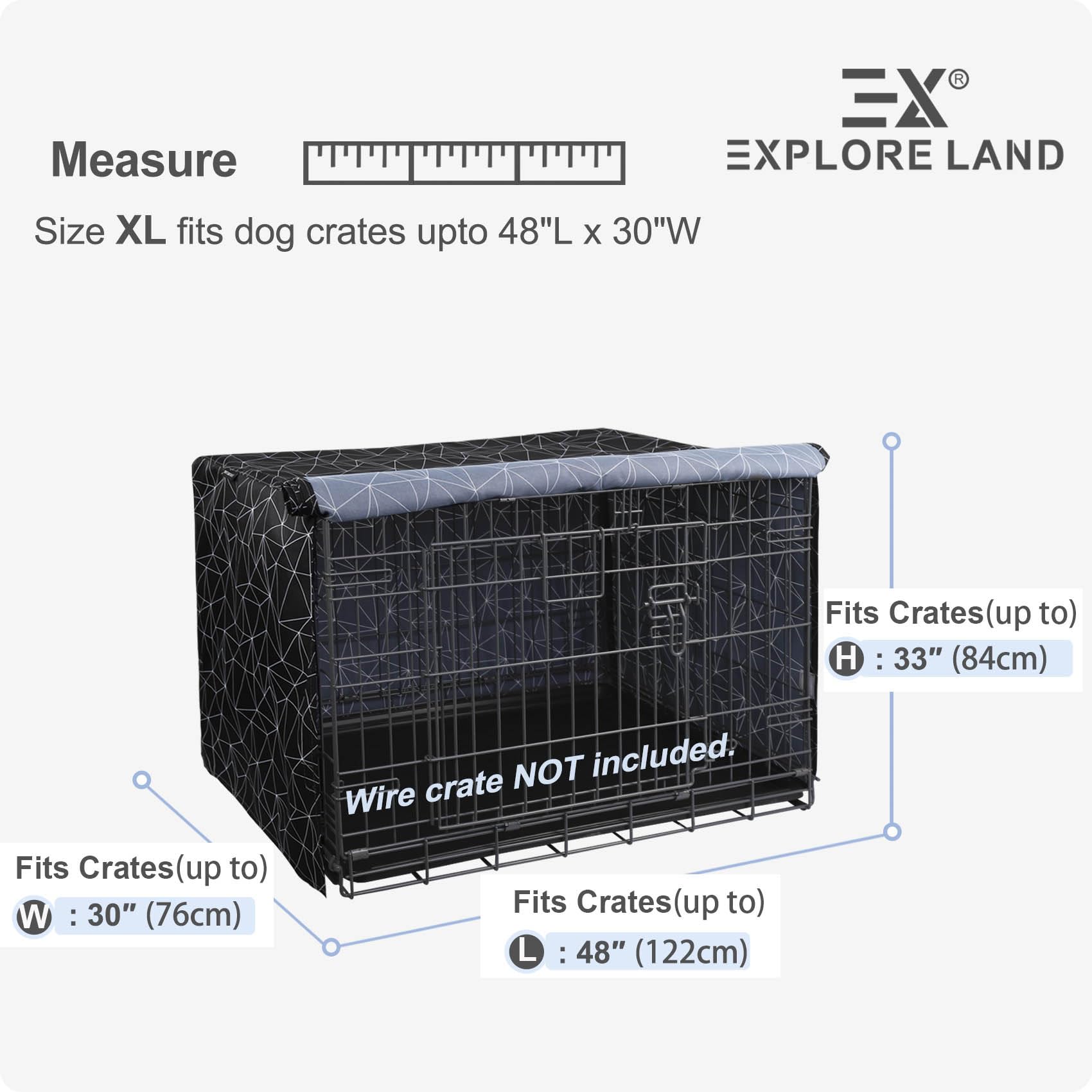 Explore Land Pattern dog crate cover—side view highlights PU-coated polyester for sun and wind protection.
