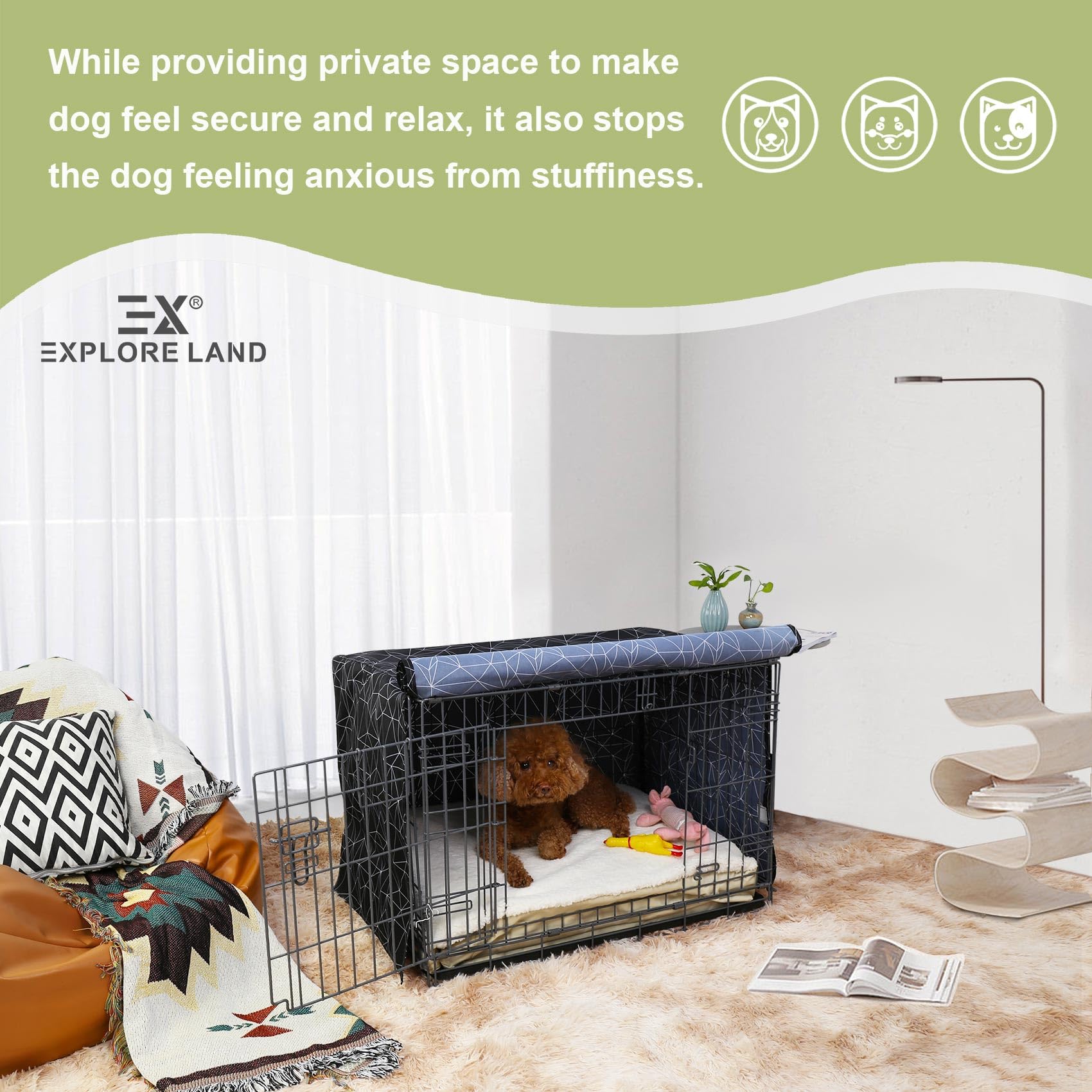 Explore Land Pattern Dog Crate Cover ventilation opening demonstrates adjustable visibility