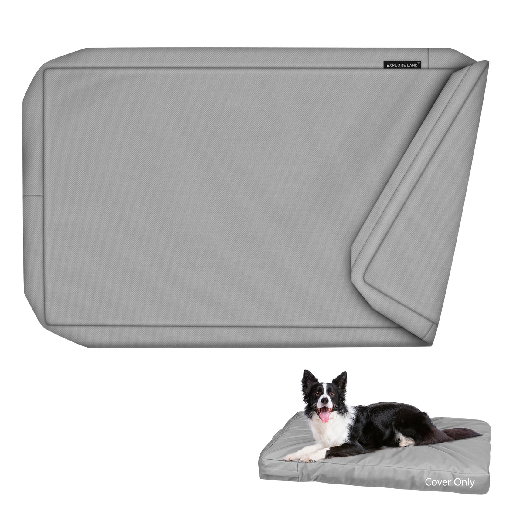 Explore Land waterproof dog bed cover in canvas gray protects crates from spills.