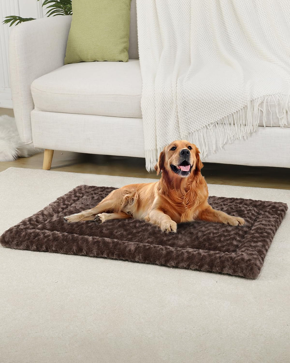 Exsnugy bed mat helps pets rest comfortably on plush surface.