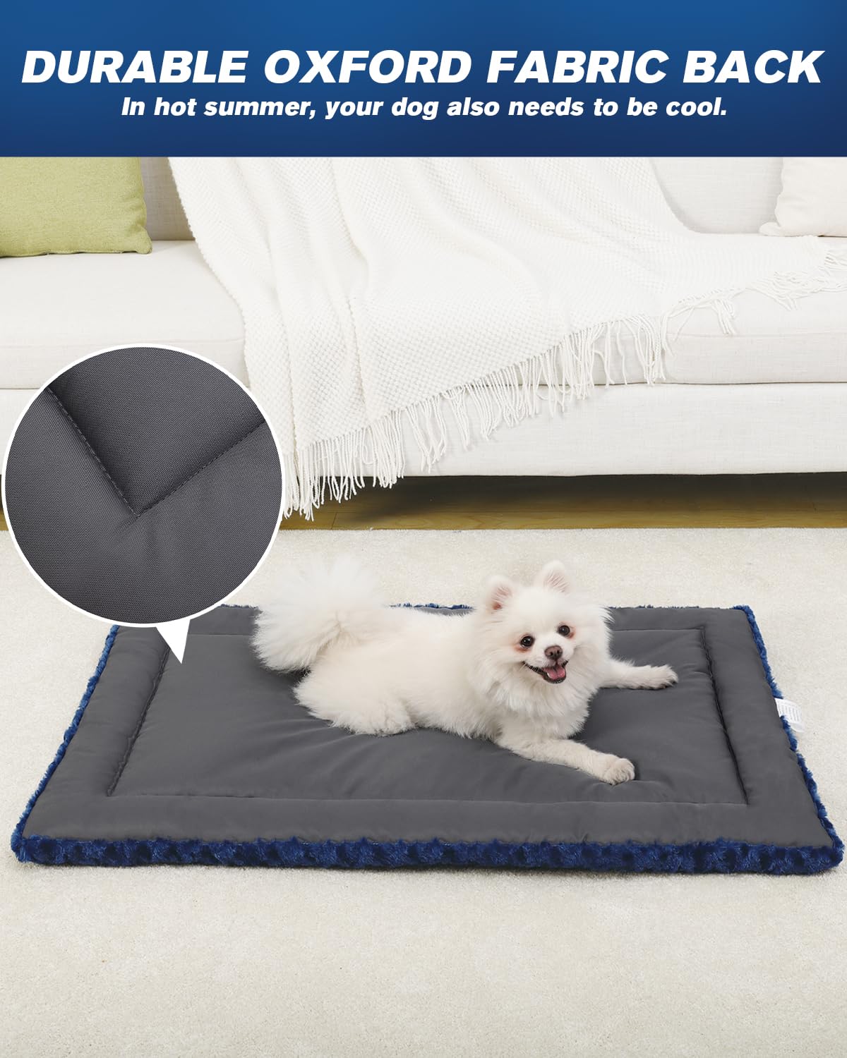 Exsnugy washable dog bed mat blue Oxford bottom for durability.