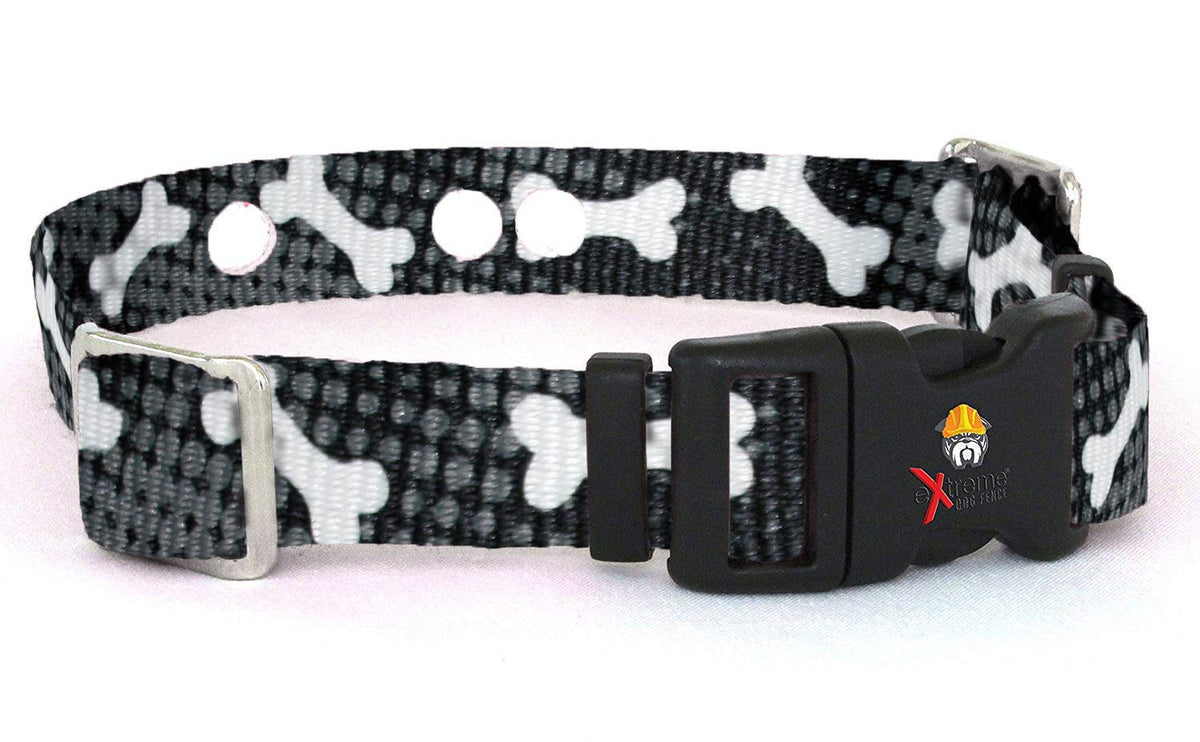 Extreme Dog Fence Black Bones strap front view shows durable material for daily training.