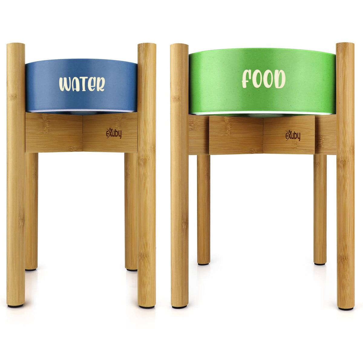 eXuby two-pack adjustable dog bowl stand assembly keeps feeding area tidy.