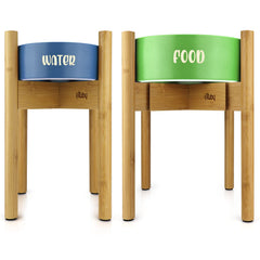 eXuby two-pack adjustable dog bowl stand assembly keeps feeding area tidy.
