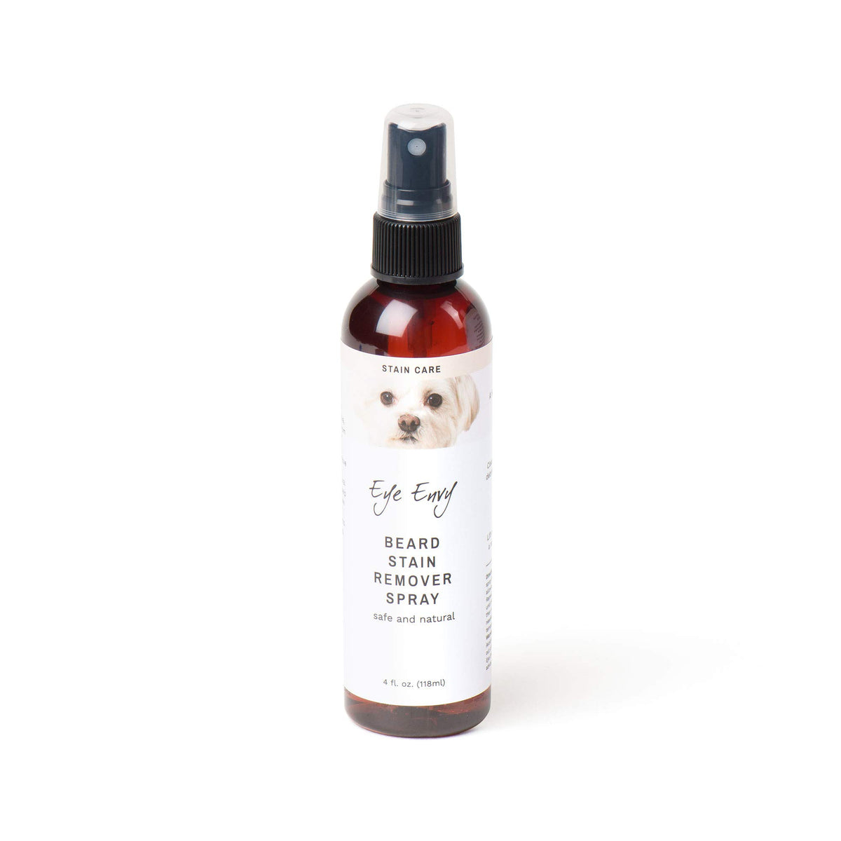 Eye Envy beard stain remover spray bottle front view demonstrates tackling drool stains on beards.