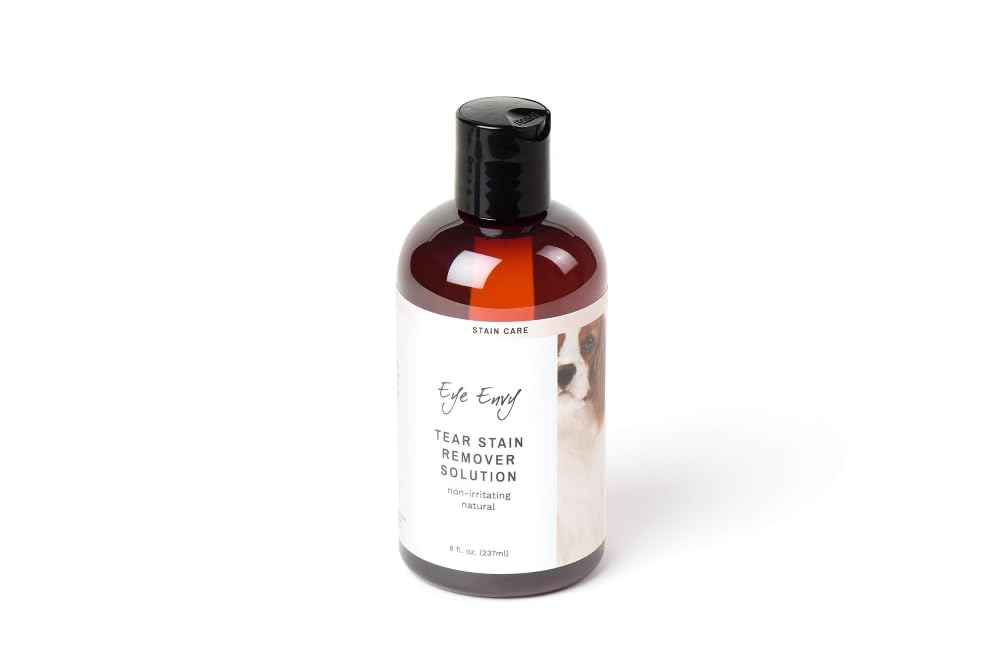 Eye Envy Tear Stain Remover bottle shows natural, dog-safe formula for stains