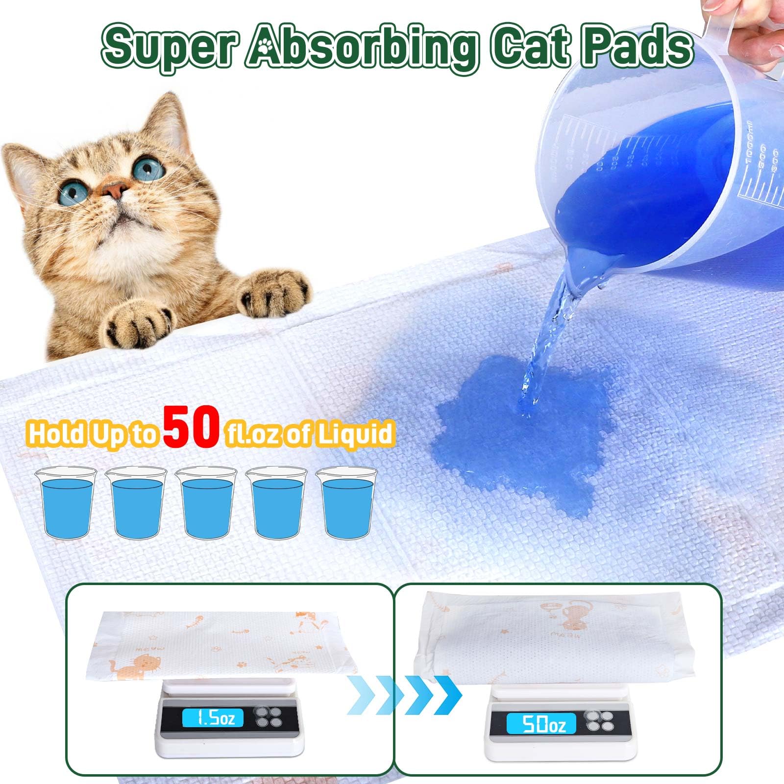 Eyssu pee pads offer 50oz absorption for longer dryness.
