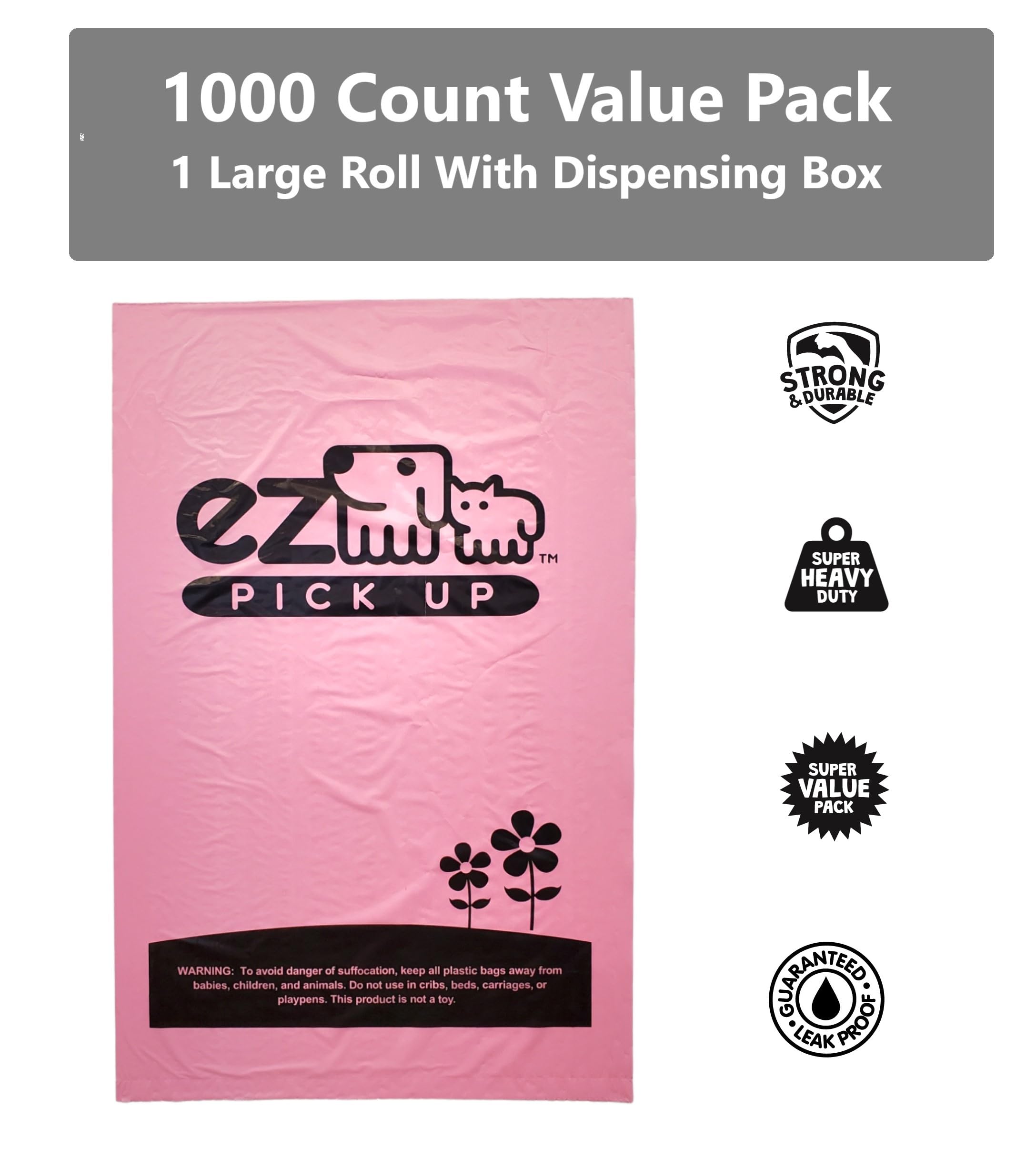 EZ PICK UP pink unscented bags ideal for litter and outdoor cleanup.