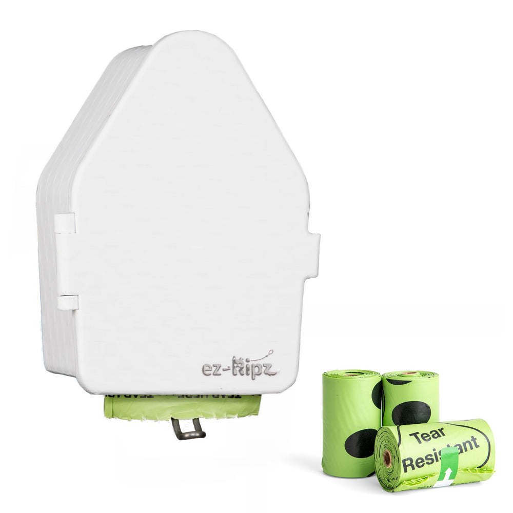 Ez-Ripz wall-mount dispenser in white for easy bag access.
