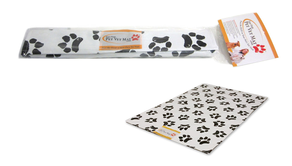 Ezee~Visit Pet Vet Mat paw print pattern provides stable footing for calm vet visits.