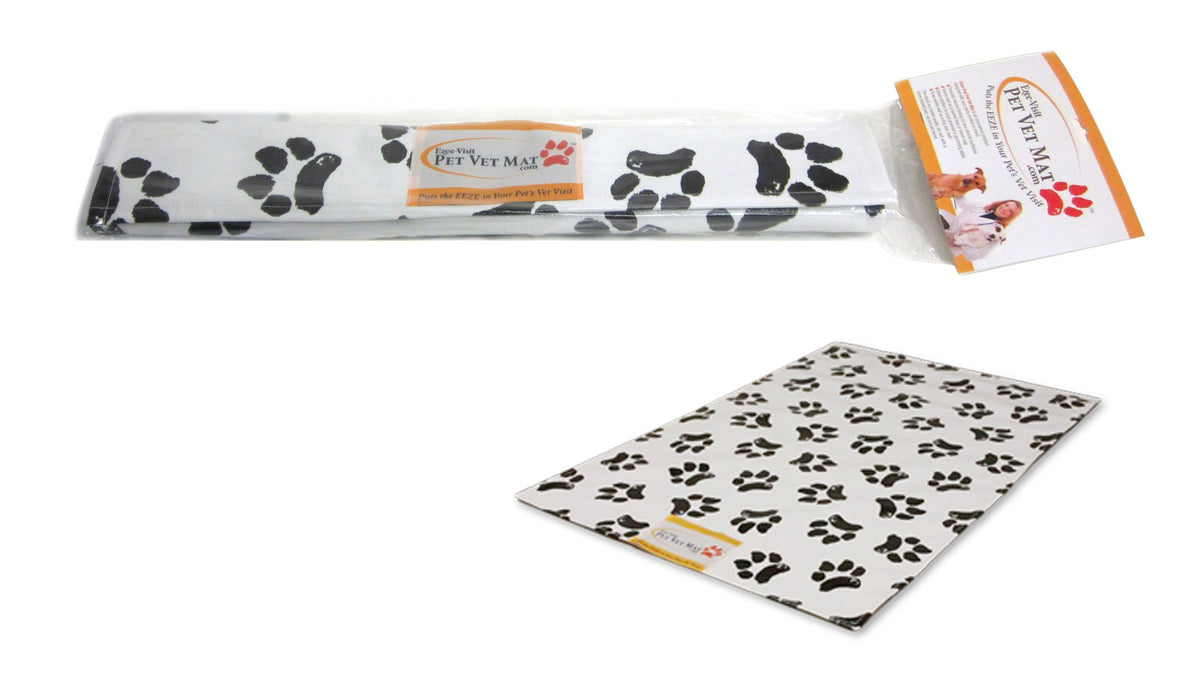 Ezee~Visit Pet Vet Mat paw print pattern provides stable footing for calm vet visits.